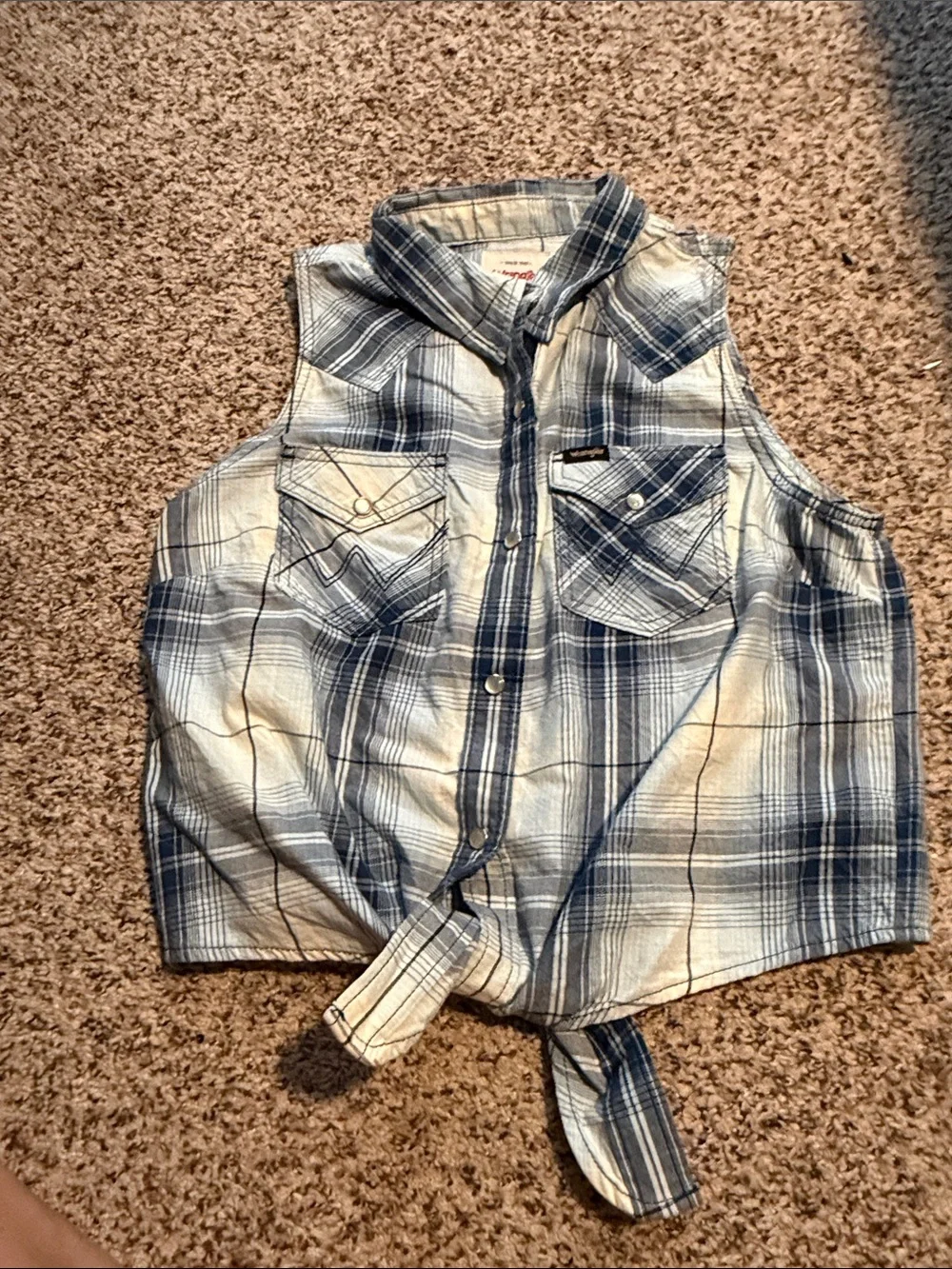 Wrangler pearl buttons Plaid Button-Front Tie- Top - Blue